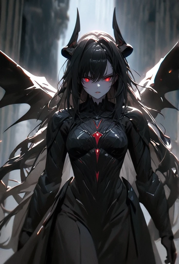 (solo), black hair, messy hair, mane hair, long hair, dense hair, wild hair, expressive hair, mature,(25 year old), pale skin, red eyes, ((woman)), wearing black armor, black dragon horns,, black helmet, serious, black wings, beautiful, attractive, eye reflection, depth of field, thunder aura,cinematic lighting, ray tracing, depth of field, cinematic lighting, ray tracing, UHD, high details, best quality, highres, high quality, award winning, super detail, masterpiece, 8k, UHD, high details, best quality, highres, high quality, award winning, super detail, masterpiece, 8k, digital art, anime coloring, full body, body shot, good face, perfect face, detailed face, good eyes, sitting on a throne