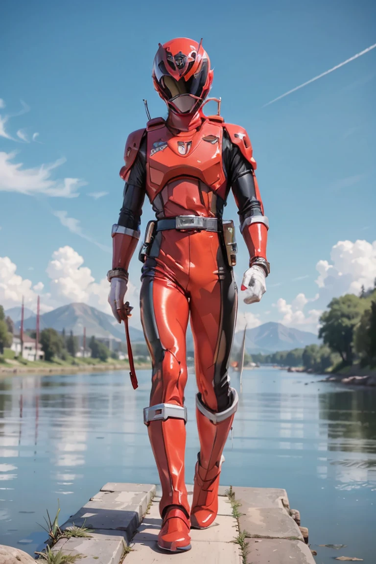 The sunset flies with the lonely geese in the distance, and the autumn river water and the vast sky are connected, icons,1boy, white, full body, Illustration, cinematic light, high resolution, best quality, ultra detailed, masterpiece, power suit, powerranger, suit, spd, (silver royal guard ranger suit), gold detail