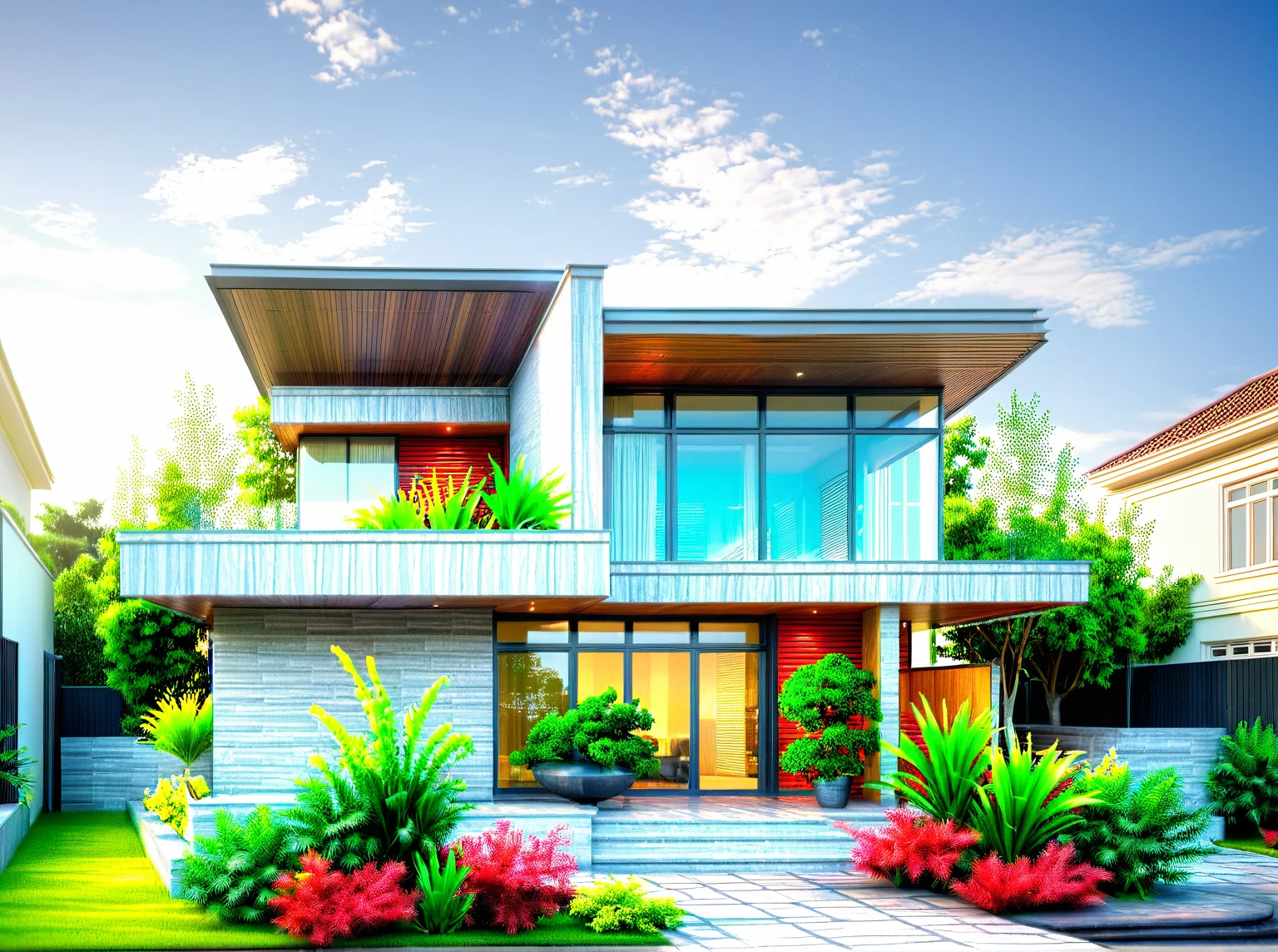 modern villa on street, (daylight), tropical tree, green shrub and plants, large lawn, vivid color, streetcapes, minimalist design, brigth grey tone, large glass door, warm interior lighting, modern material, best quality, ultra realistic, masterpiece, 17ArchiAI_XL_VL-v1
