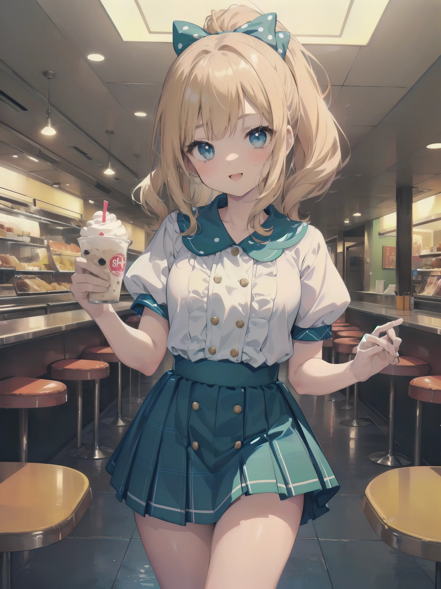 (masterpiece: 1.2)、(Highest quality: 1.2)、Highest resolution、Very detailed。BREAK. ((Anime girl in cute retro style uniform))、Transparent Girl、(1、Hilarious、 years old: 1.3)、Bright smile、Energetic pose、High ponytail、Shining Eyes、Small build、(Highest quality: 1.2)、Very high resolution、Very detailed。Expressive eyes、Beautifully detailed lips、High resolution detailed hair、Perfect Face、Rosy Cheeks、Moving Hands、Perfect lighting。BREAK. ((Polka dot retro style uniform))、((white blouse with peter pan collar、Blue polka dot skirt: 1.3))、Cat shaped button、Ankle socks、Saddle Shoes。BREAK. (1950s-style diner)、jukebox、Plaid floor、Milkshake、(Composition of cowboy shots: 1.2)。BREAK. ((positive: 1.3))。BREAK。Digital Animation Art、Retro anime style illustration