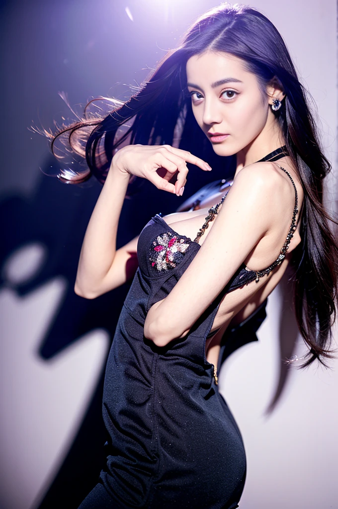 Ultra HD resolution,art photography,photography,21-year-old girl,earring,long hair,black background,Black backless dress,necklace,Cowboy Shot,H Cup,show cleavage,Revealing more breasts,Incredible chest size,Erect nipples,Open the arena area,Breasts get bigger,The back is smooth and beautiful.,The back is completely bare.,Cold skin whitening,Big butt,Clothes made from silk,messy hair,messy hair,Translucent clothes,Face flushed,More transparent clothes, Big tits, Full breasts, pink nipples, nipple,