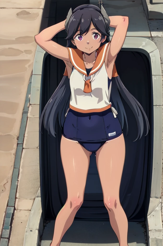 One Girl, alone, whole body, In-person audience, View your audience, smile, I400KC, Long Hair, White shirt, Sleeveless,One piece swimsuit, Bare arms, Sleeveless shirt, headgear, School Swimsuit, Sunburn, Sunburnlines, Wear a swimsuit under your clothes, Sailor shirt, Orange sailor collar