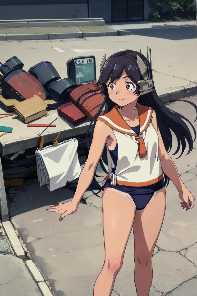 One Girl, alone, whole body, In-person audience, View your audience, smile, I400KC, Long Hair, White shirt, Sleeveless,One piece swimsuit, Bare arms, Sleeveless shirt, headgear, School Swimsuit, Sunburn, Sunburnlines, Wear a swimsuit under your clothes, Sailor shirt, Orange sailor collar