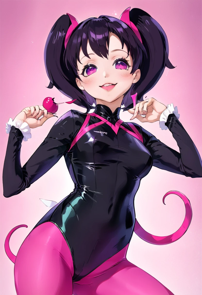 Highest quality　Best image quality　Adult-like body type　Draw a face carefully　High quality anime style faces　Super shiny skin　Black and purple leotard　Pink Pantyhose　Succubus　Lure　smile　Rear View