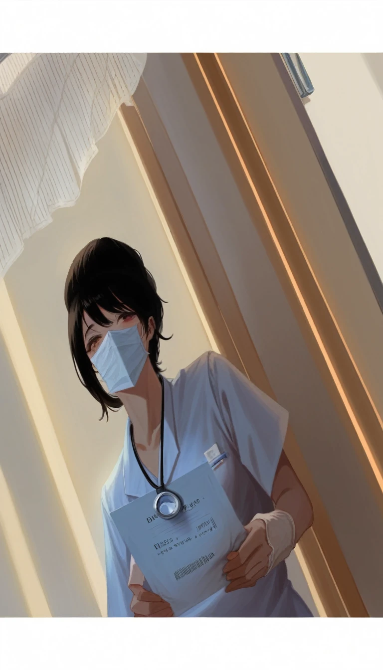 Arabian woman wearing a white shirt and holding a paper, doctor, Yoshitomo Nara, nurse師, (doctor), nurse師 girl, nurse, Putting on a patient gown at the hospital, beast, 4k posts, 4K Post, Happy!!!, With a stethoscope, 8K))