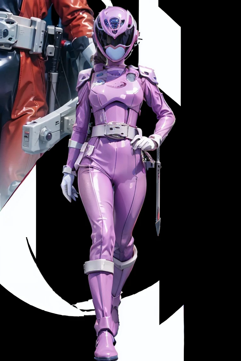 1girl, white costume, full body, Illustration, cinematic light, high resolution, best quality, ultra detailed, masterpiece, power suit, powerranger, suit, (pink ranger suit), gold detail, ,
