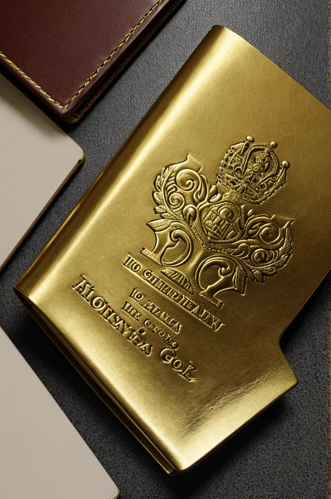 A book with a gold cover and a silver title made of leather