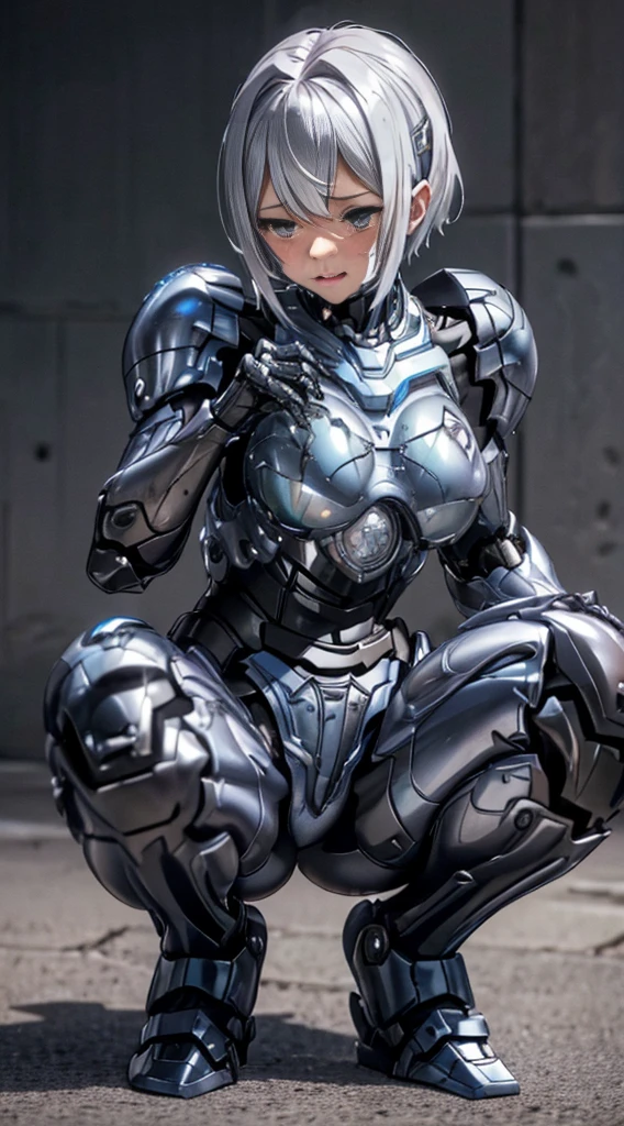 ((Middle-aged women))Textured skin, Super detailed, Attention to detail, high quality, 最high quality, High resolution, 1080P, , (Lie on your back)beautiful,(War Machine),beautifulサイボーグ女性,Mecha Cyborg Girl,()((Heavily damaged armor)),Has a feminine mechanical body　Middle-aged women、Kind Face　Black-haired,Full Body Shot)、、A lot of sweat on the face、A blank look、Sleep on your back、Turn your face at an angle、Open your mouth((Sticking out tongue)、Smoke comes from the whole body((There are deep cracks in the armor all over his body.))(Short-haired　Spread your legs　is visible　squat　water　Chiquita　((Embarrassed expression))