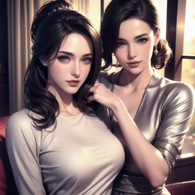 beautiful young woman, two girls, short hair, ponytail, medium long hair, twins, casual outfit, t-shirt, jacket, outdoor date setting, lover, sisters, detailed face, alluring eyes, full lips, large bust, soft lighting, warm colors, photorealistic, 8k, cinematic, beautiful detailed eyes, beautiful detailed lips, extremely detailed face and eyes, long eyelashes, intricate clothing textures, elegant posing, warm smile, romantic atmosphere