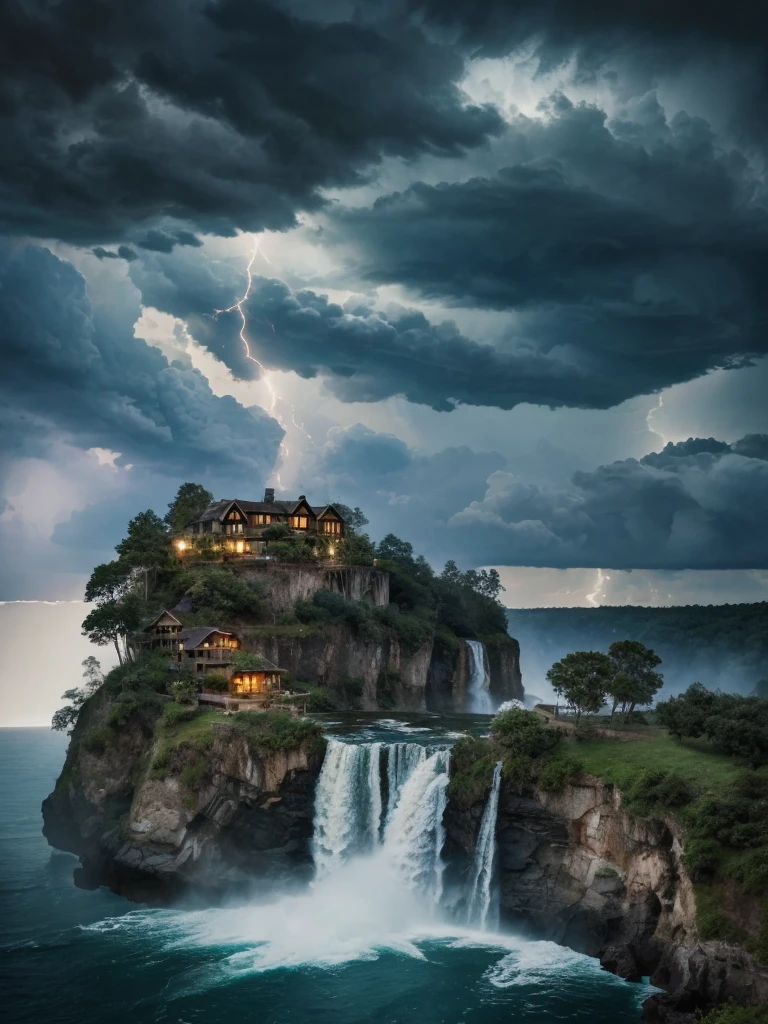 there is a house on a cliff with a waterfall in the background, with trees and waterfalls, beautiful place, beatiful house, stunning nature in background, waterfalls and lakes, with waterfalls and river, lakes and waterfalls, really beautiful nature, beautiful environment, nature in all its beauty, with waterfalls, very beautiful scenery, beautiful stunning waterfall, beautiful nature, amazing lightning art, natural lightning, creepy lightning, amazing lightning, dramatic lightening, lightning creating life, crackling with lightning, epic lightning, colossal lightning, scary lightning, beautiful lightning, lightning strikes, exquisite lightning, insane lightning, national geographic photo”, thunderstorm and fire, lightning strike,