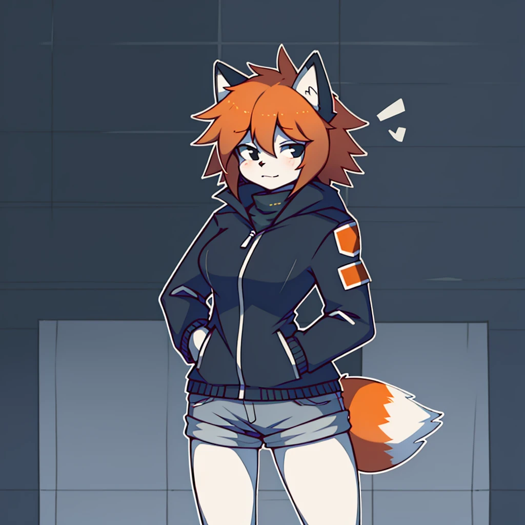 girl, red panda, furry, breasts, orange hair, disheveled, short hair, black eyes, gray winter jacket with details, alone