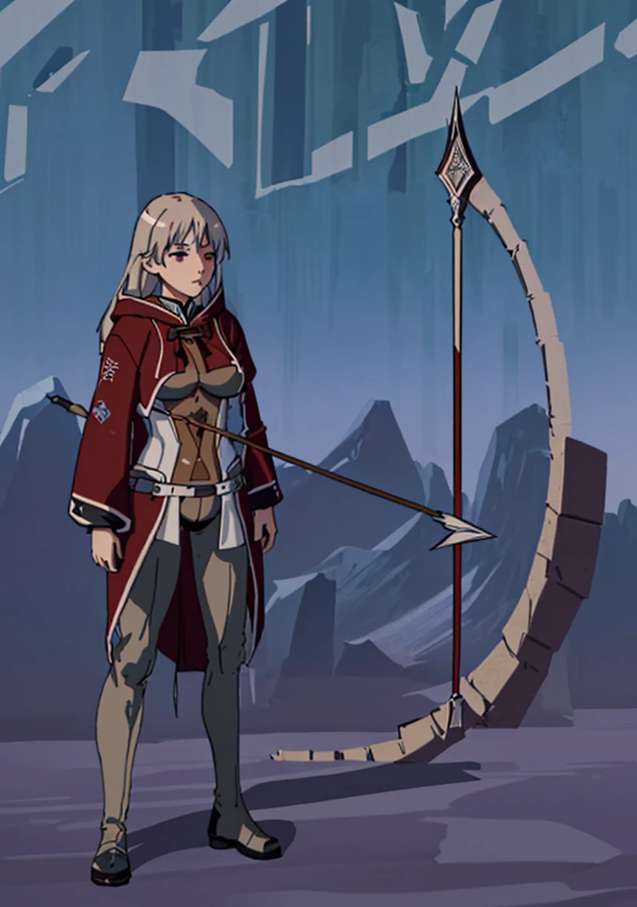 (masterpiece), best quality, high quality art, very detailed texture, super detailed picture high detail texture, high texture detail, super detailed render, hd detailed texture, 1Girl, standing, master piece, full body character concept, full body character design, full body concept art, Archer, face hidden by Hoodie shadow, Dark red Jacket, red pattern, a magic arrow is on the side, detailed archer suit, long gray pants, armor boots, Big boob