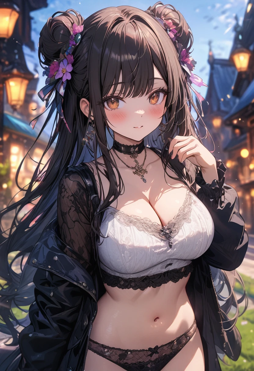 (masterpiece), best quality, very aesthetic, newest, absurdres, detailed, high quality
BREAK
highest quality, top quality, details, highres, ultra fine painting, digital art, official art, cinematic, 4k, 8k resolution, 8K CG wallpaper, CG, original artwork, detailed background, colorful background, blue atmosphere, High Dynamic Range, blurry background, blue hour, Starburst effects, crepuscular rays, good ISO, high resolution, wide shot, from far away, RAW photo, POV, sharp focus, light reflection, reflections, intricate details, soft light, particle noise, professional photography, bokeh, depth of field, natural lighting, vibrant colors, looking away, detailed lights and shadows, stylish, ultra-detailed, top rated on Pixiv, trending on Artstation, niji style, modern-days, master crafted, pose
BREAK
solo, (close up), 1girl, pale skin, correct fingers, detailed hand, (big breasts:1.2), toned breasts, tight breasts, big thighs, small torso, short body, flushtered, blush, anxious expression, embarassed, embarassed act, casual, slim, ((cute, childlike face):1.3), nice body, nice hips, brown hair, (very long flowing hair), (big 2 buns hairstyle)), long bangs, long hair, middle hair bangs, brown eyes
BREAK
(white frilly loose-fitting crop shirt, long sleeve, (panties), cleavage, choker, casualwear style, detailed tummy, belly button, modern fashion)
BREAK
tranquil park scene, the park features lush, green grass, a variety of trees in different shapes and sizes, Include a vibrant flower garden with a mix of colorful blooms.