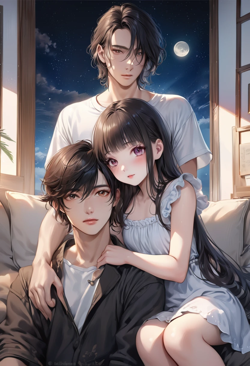 Couple, A beautiful woman with long hair wearing a white shirt, cute anime-style face, realistic anime girl, Chisato, black hair with bangs, Kurumi, cute and delicate face, young cute pale Asian face, Sakimichan, midday moon and stars in the sky, female, Realistic anime boy, A handsome boy in a white shirt, girl sitting in boy's arms, Smiling at the camera