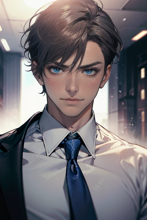 (tmasterpiece, high resolution, ultra - detailed:1.0), (1 male, masculine face, 31 years, CEO), Perfect male body, tall and strong, Adult male, Delicate eyes and delicate face, Extremely detailed CG, Unity 8k wallpaper, Complicated details, Detailed face, (short gray dark hair, short hair, smile in love faces, blue eyes, white shirts,), (frown, smile in love:1.3), stad in corporativo, empresa, escritório style, color difference, Depth of field, dramatic shadow, Ray tracing, Best quality, Cinematic lighting, offcial art,Portrait