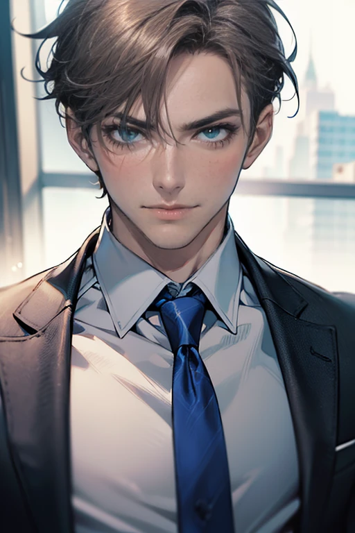 (tmasterpiece, high resolution, ultra - detailed:1.0), (1 male, masculine face, 31 years, CEO), Perfect male body, tall and strong, Adult male, Delicate eyes and delicate face, Extremely detailed CG, Unity 8k wallpaper, Complicated details, Detailed face, (short gray dark hair, short hair, smile in love faces, blue eyes, white shirts,), (frown, smile in love:1.3), stad in corporativo, empresa, escritório style, color difference, Depth of field, dramatic shadow, Ray tracing, Best quality, Cinematic lighting, offcial art,Portrait