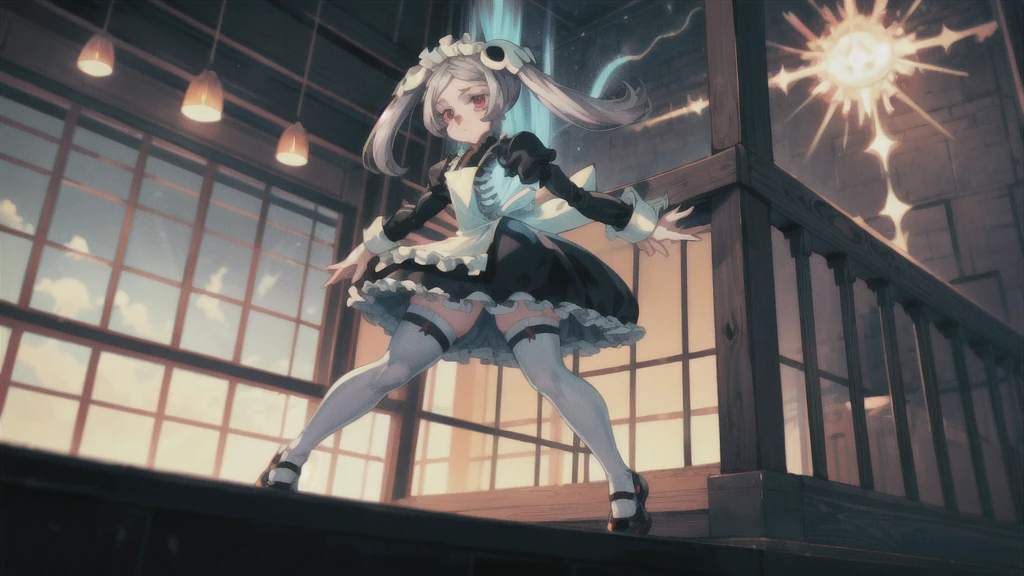 1girl, solo, indoors, skg_marie, maid, maid apron, maid headdress, twin tails, skull hair ornament, red brooch, juliet sleeves, black shoes, white thigh high stockings, light rays, glow, (masterpiece), highlight thighs, thick thighs, highlight buttocks, seductive pose