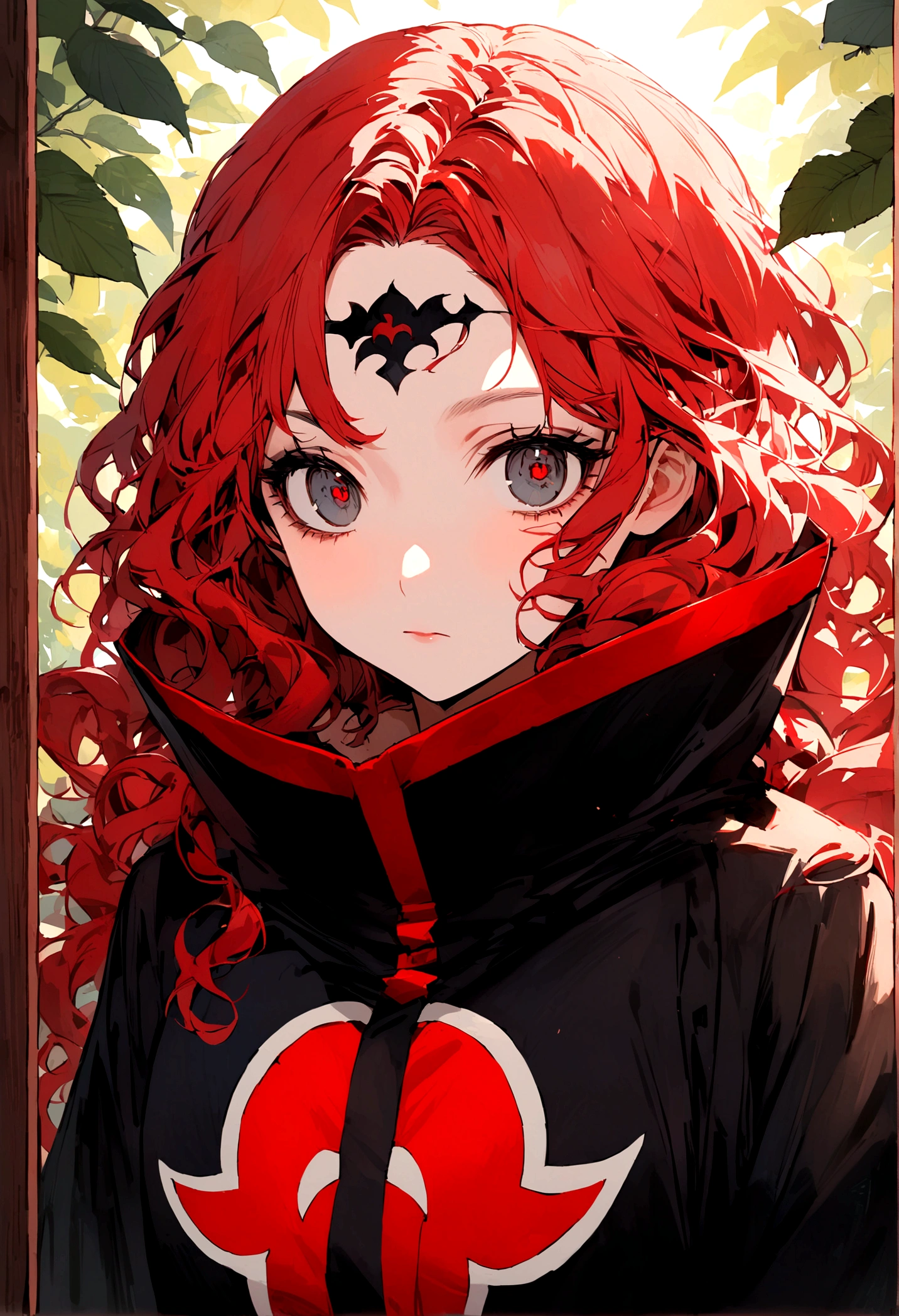 Redhead girl with wavy hair, with black eyeliner, visiting akatsuki outfit, with the sharingan in both eyes, On his forehead he wears a band with the village plaque between the leaves, She is facing the camera and behind her there is a red crocodile-shaped susan