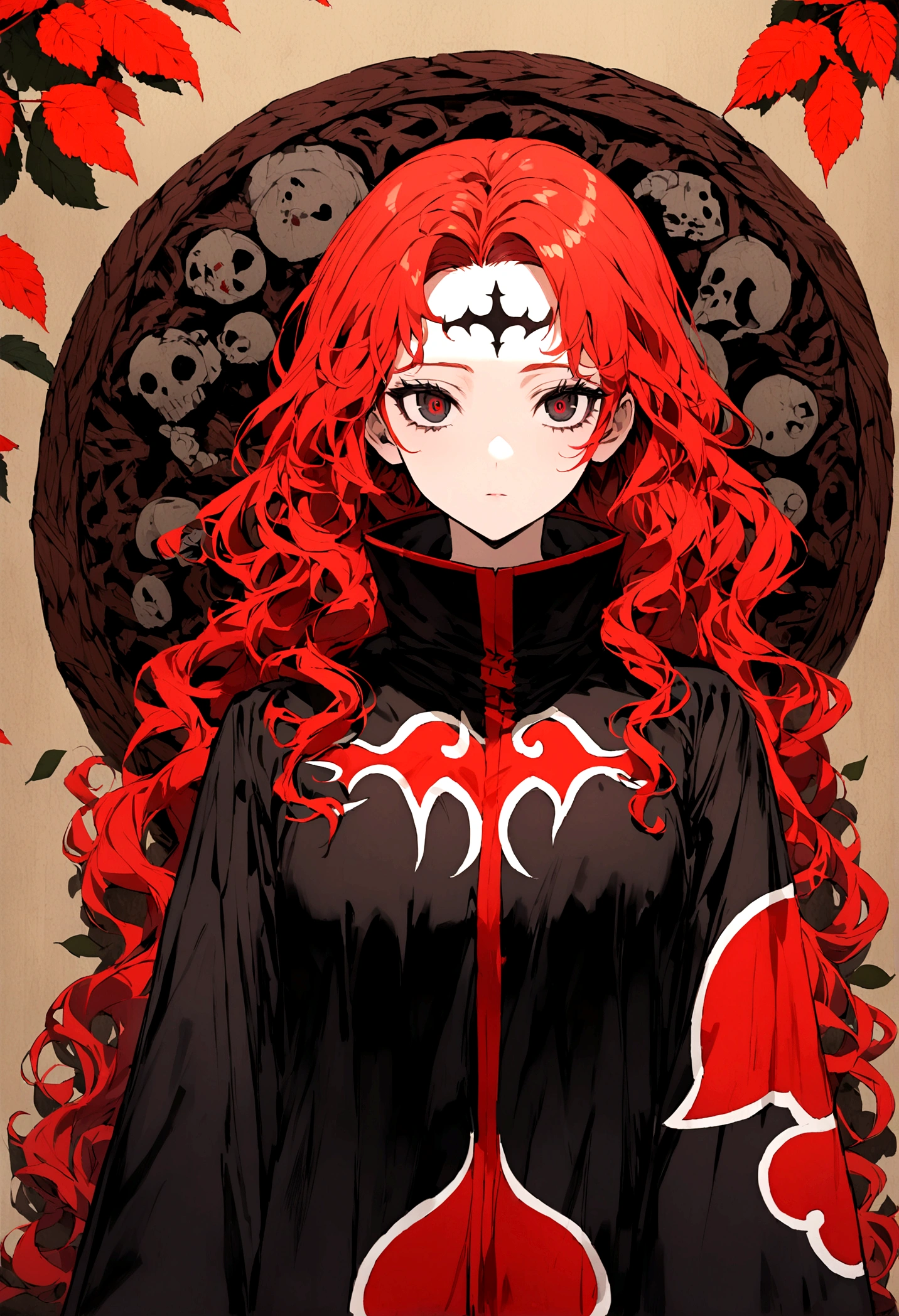 Redhead girl with wavy hair, with black eyeliner, visiting akatsuki outfit, with the sharingan in both eyes, On his forehead he wears a band with the village plaque between the leaves, She is facing the camera and behind her there is a red crocodile-shaped susan