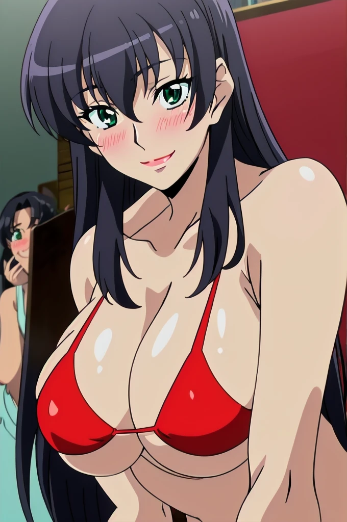 Morinoyuuko, wide, green eyes, too big breasts, lipstick, red bikini, body average, 1 girl, Alone, sexy pose leaning on a table, blushing, Upper part of the body, SMILE, look in love, playing with her hair
