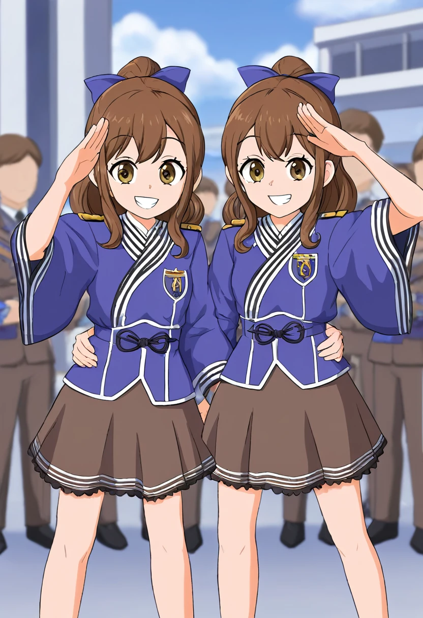 masterpiece, Highest quality, High resolution, 10+girl, crowd, Identical twin sisters, clone, An orderly line of sisters, An orderly line of sisters, Sisters in a row, uniform, Matching outfits, Long Hair, Curly Hair, ponytail, Matching hairstyle, Hazel Eyes, Brown Hair, Black tie, Blue Ribbon, Brown Skirt, salute, smile, indoor, Group shot, whole body, Panty shot, Black high heels