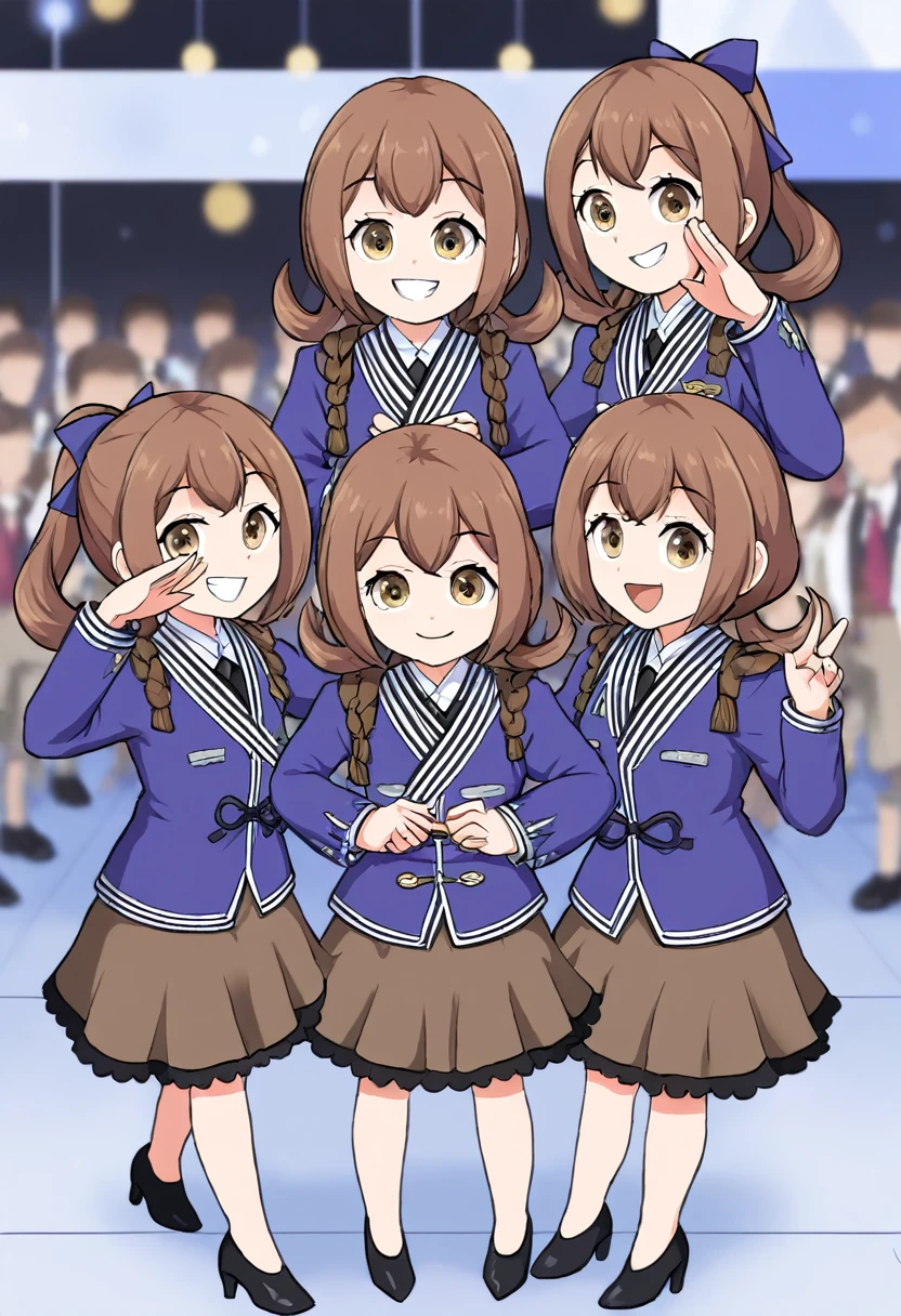 masterpiece, Highest quality, High resolution, 10+girl, crowd, Identical twin sisters, clone, An orderly line of sisters, An orderly line of sisters, Sisters in a row, uniform, Matching outfits, Long Hair, Curly Hair, ponytail, Matching hairstyle, Hazel Eyes, Brown Hair, Black tie, Blue Ribbon, Brown Skirt, salute, smile, indoor, Group shot, whole body, Panty shot, Black high heels