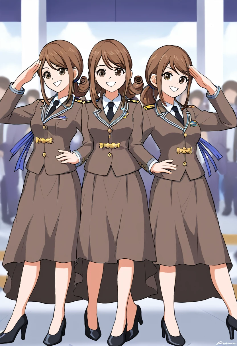 masterpiece, Highest quality, High resolution, 10+girl, crowd, Identical twin sisters, clone, An orderly line of sisters, An orderly line of sisters, Sisters in a row, uniform, Matching outfits, Long Hair, Curly Hair, ponytail, Matching hairstyle, Hazel Eyes, Brown Hair, Black tie, Blue Ribbon, Brown Skirt, salute, smile, indoor, Group shot, whole body, Panty shot, Black high heels