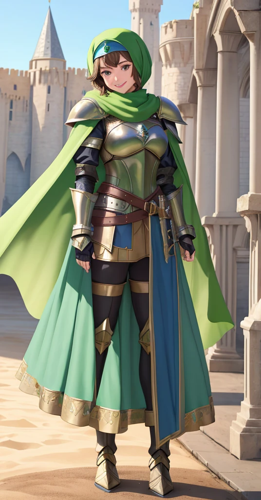 masterpiece, best quality:1.2), 1girl, smile, looking at viewer, green eyes, short brown hair, princess, armor, blue hijab headscarf, pauldrons, armored dress, green cloak cape, wearing puffy blue ballgown skirt, armored boots, fingerless gloves, standing in front of desert castle