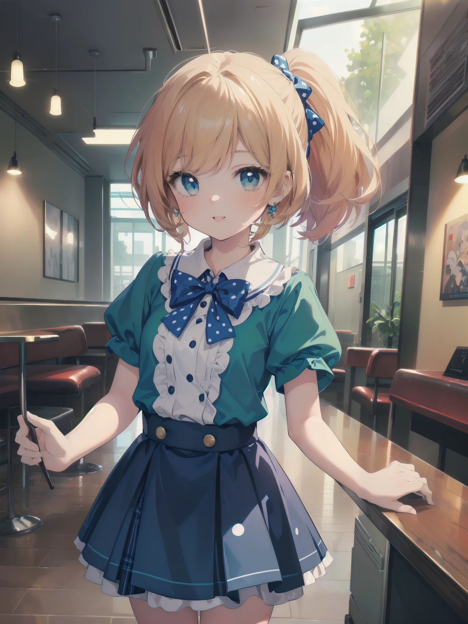 (masterpiece: 1.2)、(Highest quality: 1.2)、Highest resolution、Very detailed。BREAK. ((Anime girl in cute retro style uniform))、Transparent Girl、(1、Hilarious、 years old: 1.3)、Bright smile、Energetic pose、High ponytail、Shining Eyes、Small build、(Highest quality: 1.2)、Very high resolution、Very detailed。Expressive eyes、Beautifully detailed lips、High resolution detailed hair、Perfect Face、Rosy Cheeks、Moving Hands、Perfect lighting。BREAK. ((Polka dot retro style uniform))、((white blouse with peter pan collar、Blue polka dot skirt: 1.3))、Cat shaped button、Ankle socks、Saddle Shoes。BREAK. (1950s-style diner)、jukebox、Plaid floor、Milkshake、(Composition of cowboy shots: 1.2)。BREAK. ((positive: 1.3))。BREAK。Digital Animation Art、Retro anime style illustration