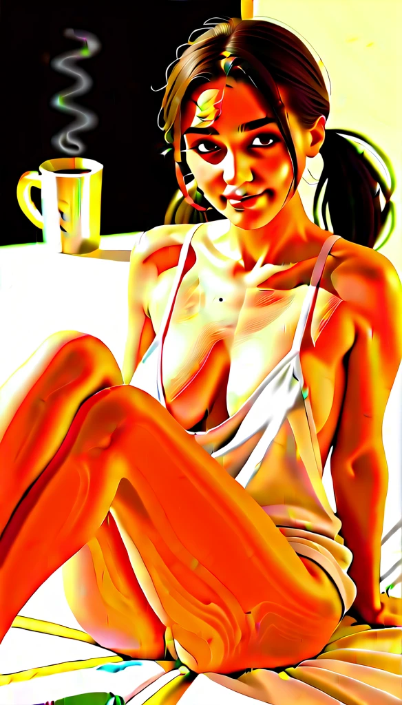 score_9, score_8_up, score_7_up, BREAK, (outdoor, summer day:1.2), head tilt back, morning vibes on bed with cup of coffee , leg bend, cute, round face with little smile, long black twintail hair, alternative vibe, 25 year old, (Italian female:1.3), medium olive skin, high cheekbones, stunning brown eyes, extra large breasts, subtle cleavage, (cozy lounge), oversized white transparent nighty, mini, dynamic angle, vibrant lighting, high contrast, dramatic shadows, highly detailed, detailed skin, depth of field, film grain,