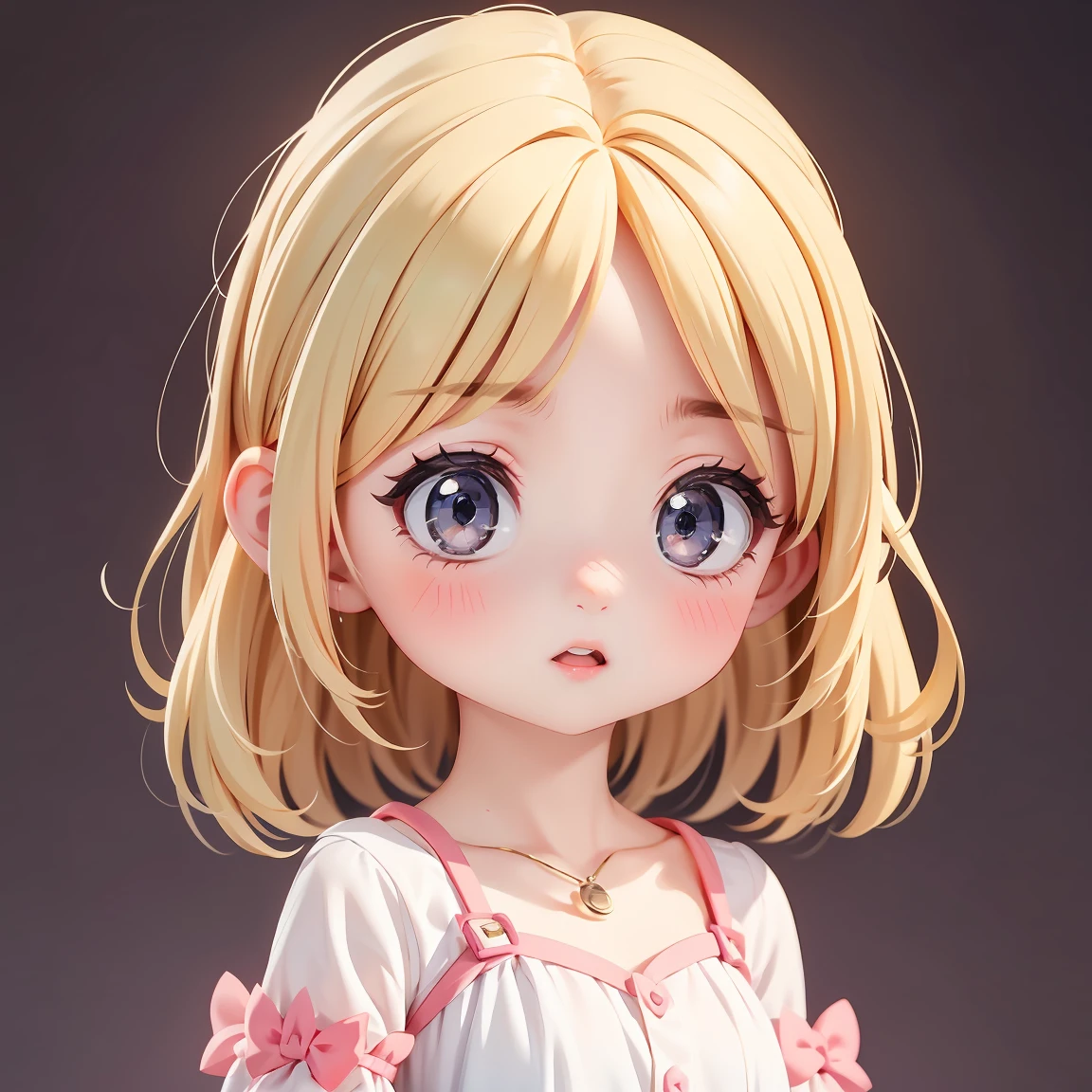 Super Chibi Character:1.8、Wearing cute shoes、background:simple、Blonde Hair、Cute 7 year old girl、Cinderella Dresses、Very surprised look:1.8