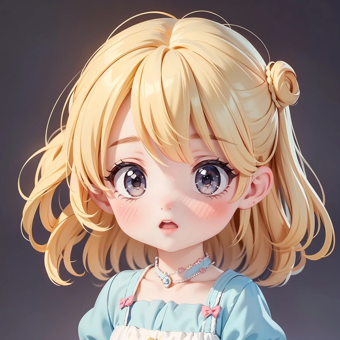  Super Chibi Character：1.8、Wearing cute shoes、background：simple、Blonde Hair、Cute 7 year old girl、Cinderella Dresses、Very surprised look：1.8