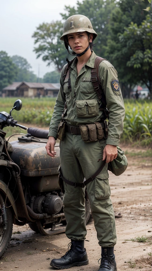 (masterpiece), best quality, expressive eyes, perfect face, All quiet on Indochina Front, man, sandbags, dirty, uniform, realistic, HD, Rifle M16, United States, American man, helmet, Vietnam, imperial, full body, bush, Vietnam war