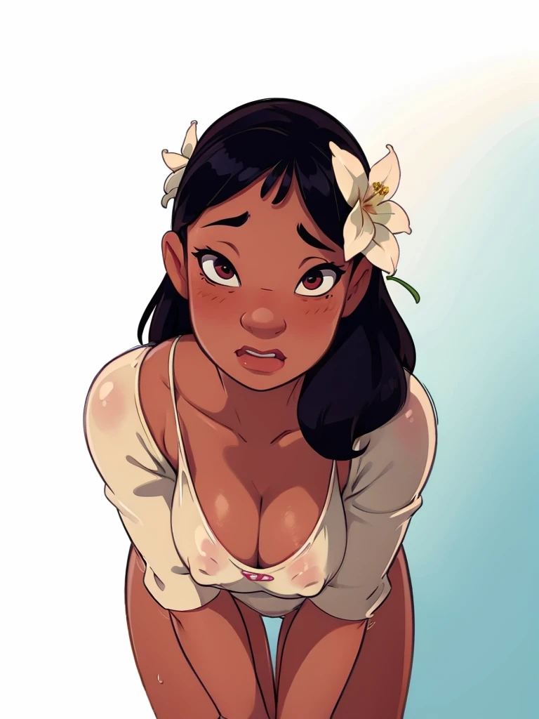 1girl, looking to viewer, blush, amazing, lovely girl, front view, ((NaniWaifu, swimsuit, one-piece swimsuit, hair flower, dark skin)), best quality, great artwork, sensual image, bouncing breast, (white background, shy), solo, (bend over:1.3), eyes detail, face detail,
