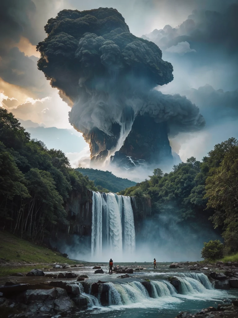 people swimming in a river near a waterfall in the woods, lakes and waterfalls, waterfalls and lakes, an endless waterfall, waterfalls in the background, with waterfalls, 2023, 2 0 2 3, incredibly beautiful, by Kristin Nelson, with trees and waterfalls, f4.5, multiple waterfalls, with waterfalls and river, ( visually stunning, arafed house in a field with a large plume of smoke coming out of it, thunderstorm and fire, photo epic of the year, winner of the year's best photo, houses on fire, amazing volcanic eruption, house on fire, explosive storm, during a storm, apocalyptic event, harrowing apocalyptic atmosphere, fire from sky, building on fire, national geographic photo”