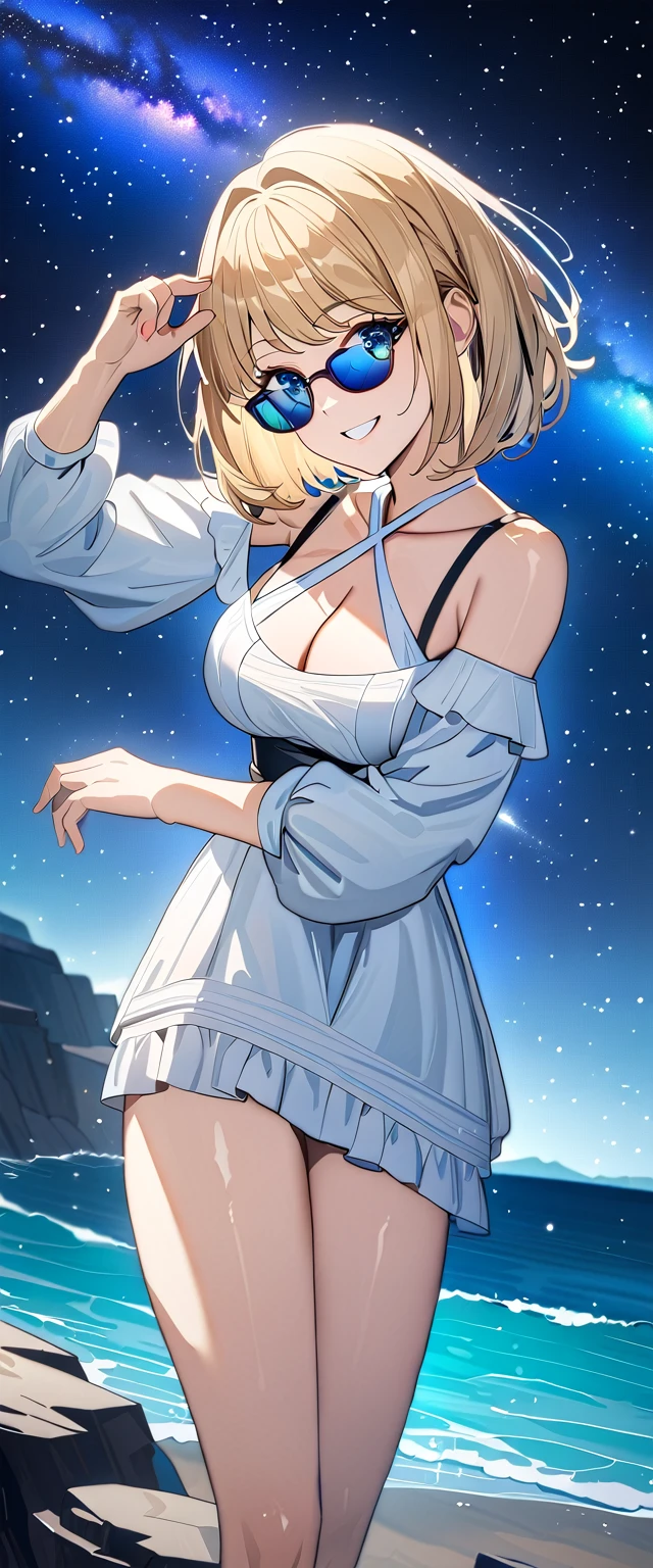 ((grin)), 風が強い, ((off-shoulder dress:1.3, criss-cross halter)), ((white sundress)), ((cleavage)), ((blond hair, bob cut:1.3)), ((sunglasses, hand to sunglasses)), (((from side))), ((((upper body)))), bare legs, (()), (((a beautiful starry sky, the Milky Way shining beautifully in the night))), ((standing on the very high cliff)), wavy hair, inward curled hair, ((sea, nature)), breasts, ager, (looking at viewer), puffy long sleeves, collarbone, head tilt:1.3, (((blue eyes))), happy smile, (((anime style))), (best quality, 4K, 8K, highres, masterpiece:1.2, ultra-detailed, ultra-detailed eyes, HDR, uhd, studio lighting, ultra-fine painting, sharp focus, physically-based rendering, extreme detail description, professional, vivid colors, bokeh)