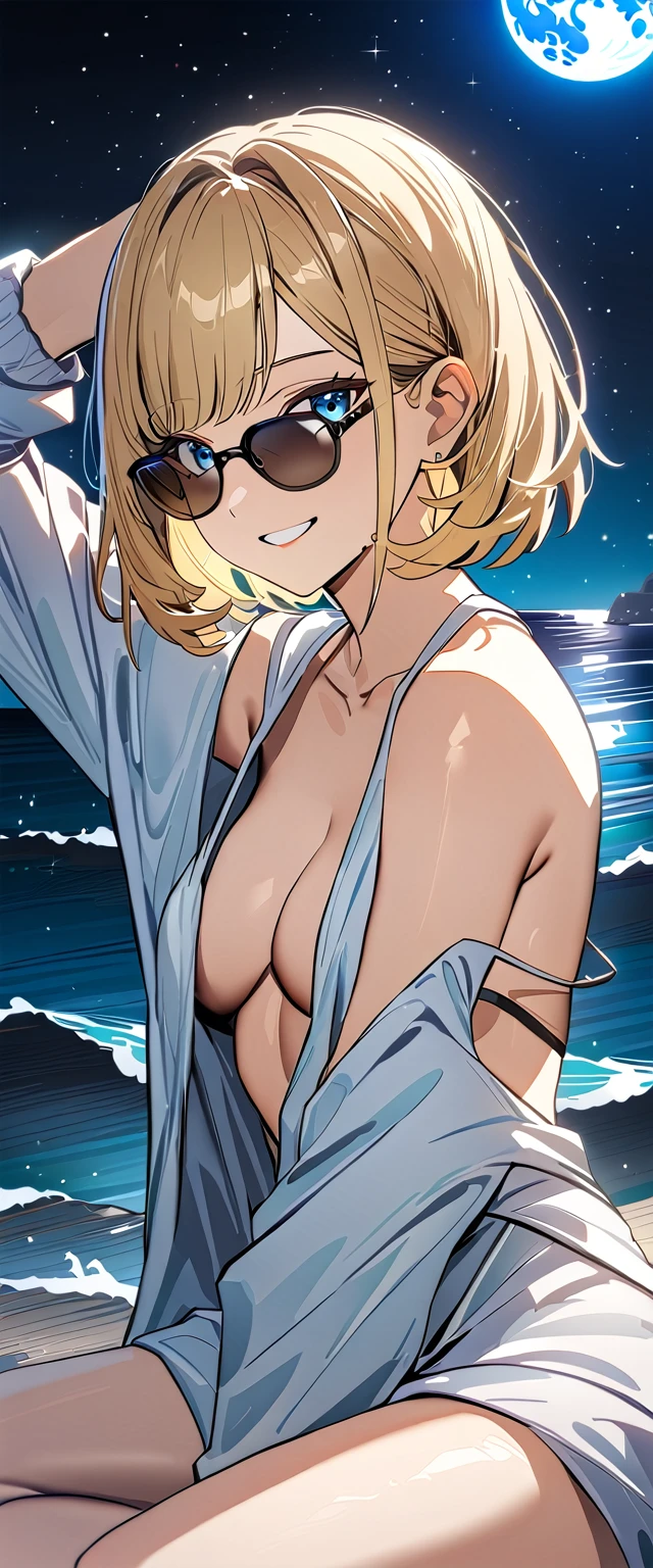 ((grin)), ((plunging neckline dress:1.3)), ((sundress)), ((off shoulders, Quite thick shoulder straps)), ((blond hair, bob cut:1.3)), ((sunglasses, hand to sunglasses)), (((from side))), ((((upper body)))), bare legs, (((A night sky stretching under a full moon, stars shining and reflecting on the sea surface))), ((sitting on the very high cliff)), wavy hair, inward curled hair, ((sea, nature)), breasts, ager, (looking at viewer), puffy long sleeves, collarbone, head tilt:1.3, (((blue eyes))), happy smile, (((anime style))), (best quality, 4K, 8K, highres, masterpiece:1.2, ultra-detailed, ultra-detailed eyes, HDR, uhd, studio lighting, ultra-fine painting, sharp focus, physically-based rendering, extreme detail description, professional, vivid colors, bokeh)