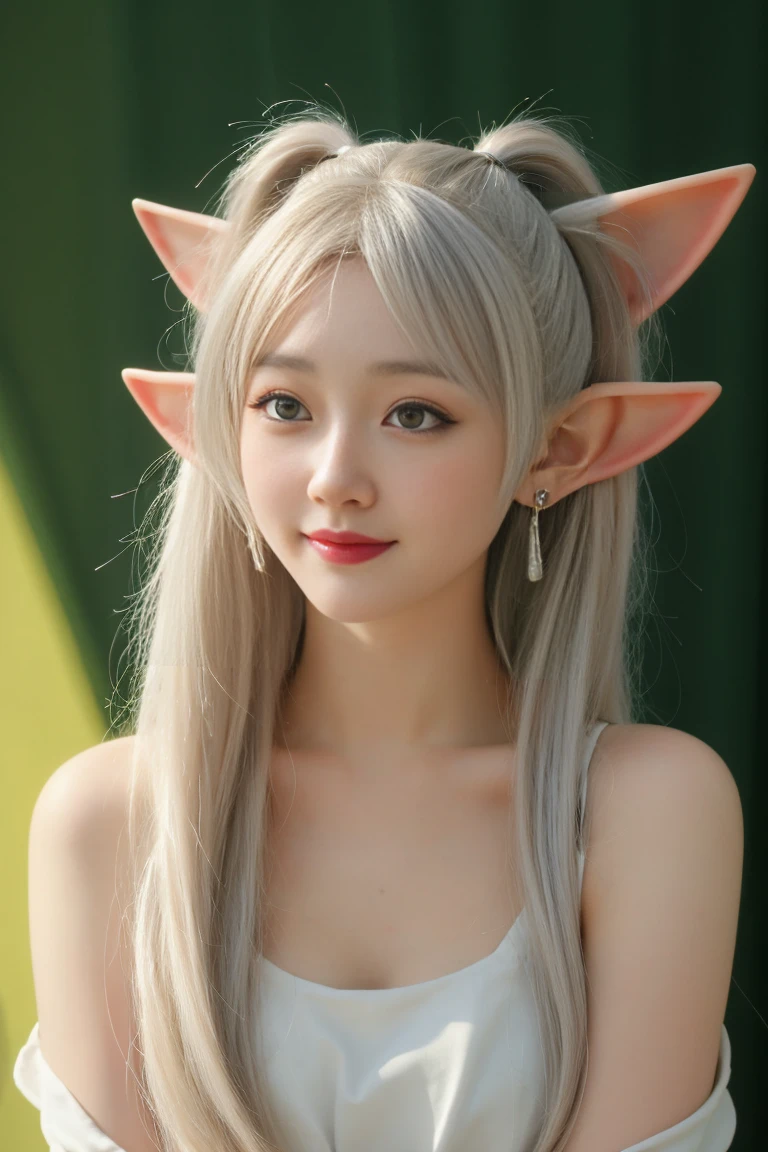 best quality, tmasterpiece,Ultra-high resolution,Clear face,(Reality:1.4),ferpect lighting,(full body photo), (photorealistic:1.50), anime wallpaper, Guviz style artwork, cover-up fantasy up to magic , by Yang J, Guviz, beautiful artwork illustration, beautiful digital artwork, beautiful digital illustration, Li Song, beautiful anime portrait, art style in Beauvot, 1girl, 独奏, green eyes, Double eyelids, Blush, Cheeks flushed, 24yo chinese female,
jewelry, earrings, hair ornament,
long hair, (twintails), white hair, hair ribbon, (pointed ears:1.5), Ears are very pointed,
looking at viewer, light smile, full body, photo background, outdoors, white dress, Bare shoulders, sleeveless, standing,