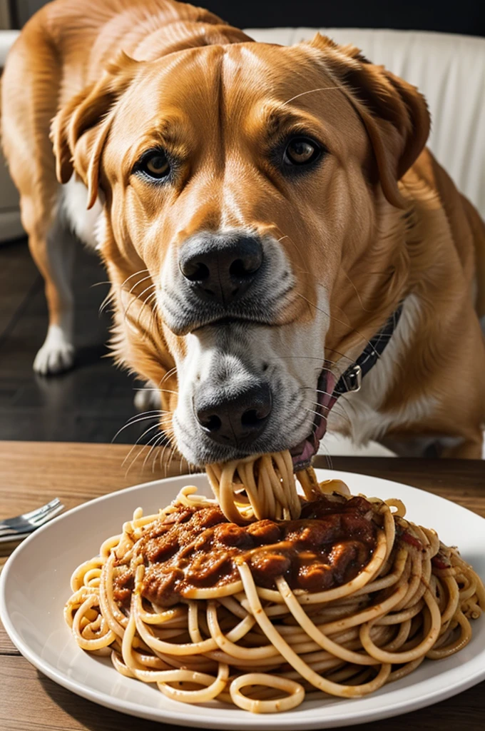 Create an image of a dog eating spaghetti next to a Ferrari
