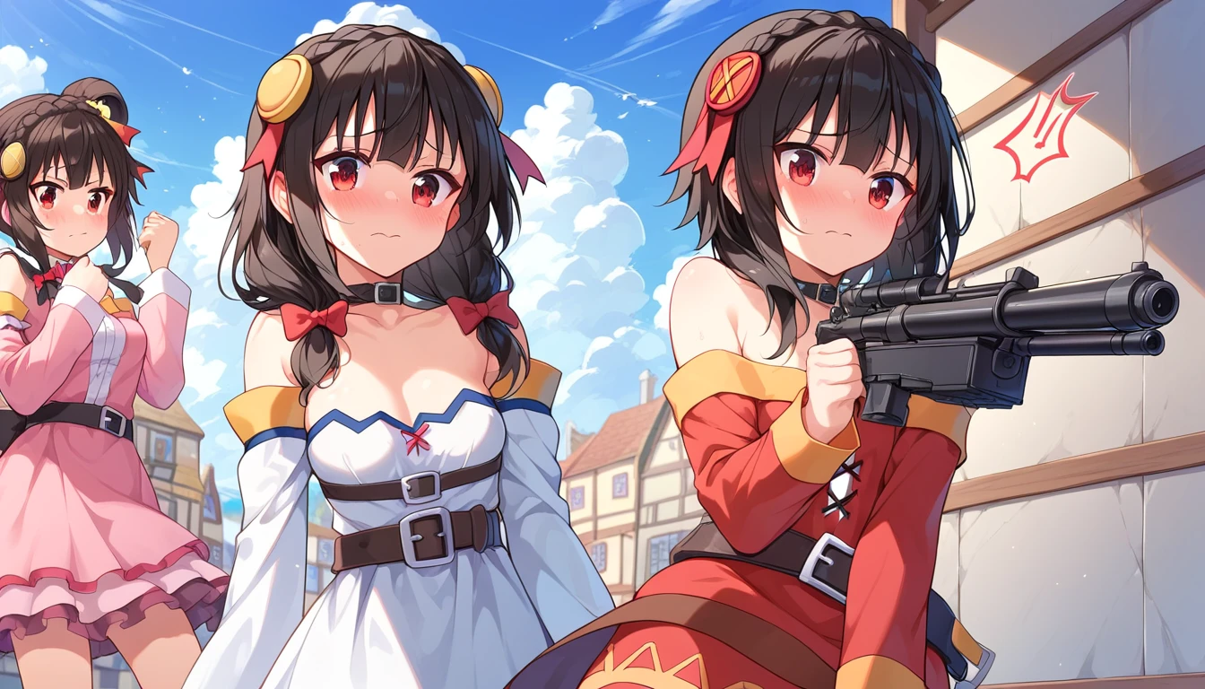 ((2girls:1.3)), ((moe style:1.3)), ((standing:1.3)), ((minigun:1.3)), ((firing gun:1.3)), ((black hair:1.3)), megumin (konosuba), yunyun (konosuba), ((shy:1.3)), blush, ((perfect face)), ((extremely cute:1.3)), ((masterpiece:1.3)), ((8k)), ((best quality:1.3)), ((beautiful)), ((extremely detailed:1.3)) , ((absurdres)), AddXL, ((score_9:1.3)), ((score_8_up:1.3)), ((score_7_up:1.3)), Expressiveh