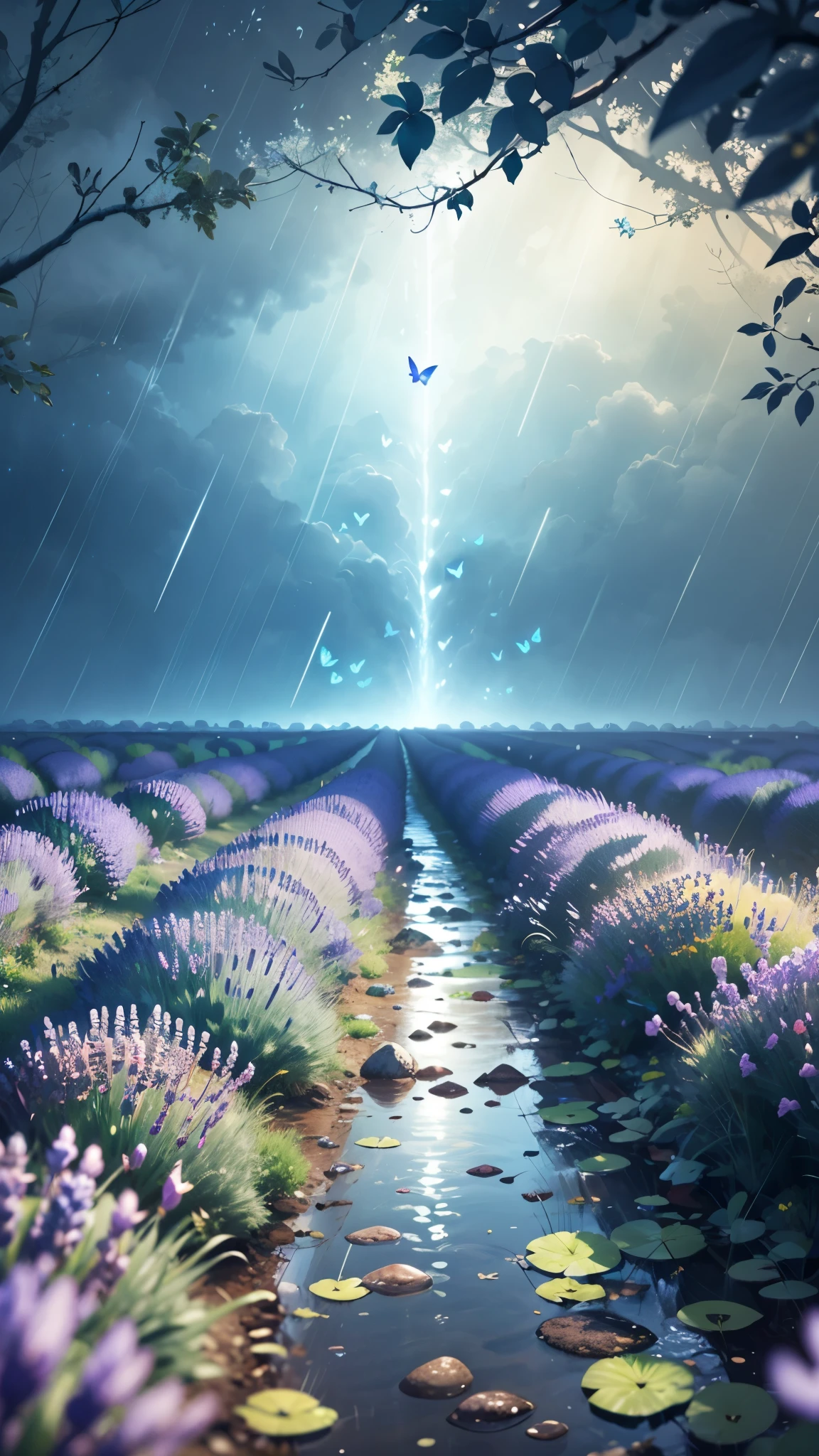 A wide lavender field with so much rain pouring and with lots of butterflies flying in the air.. with mystical feel and in 8k ultra wallpaper 
