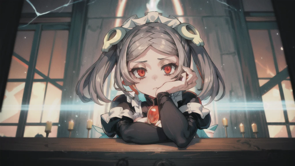1girl, solo, indoors, skg_marie, maid, maid apron, maid headdress, twin tails, skull hair ornament, red brooch, juliet sleeves, black shoes, white thigh high stockings, light rays, glow, (masterpiece), highlight thighs, thick thighs, highlight buttocks, seductive pose, pov, looking at the viewer