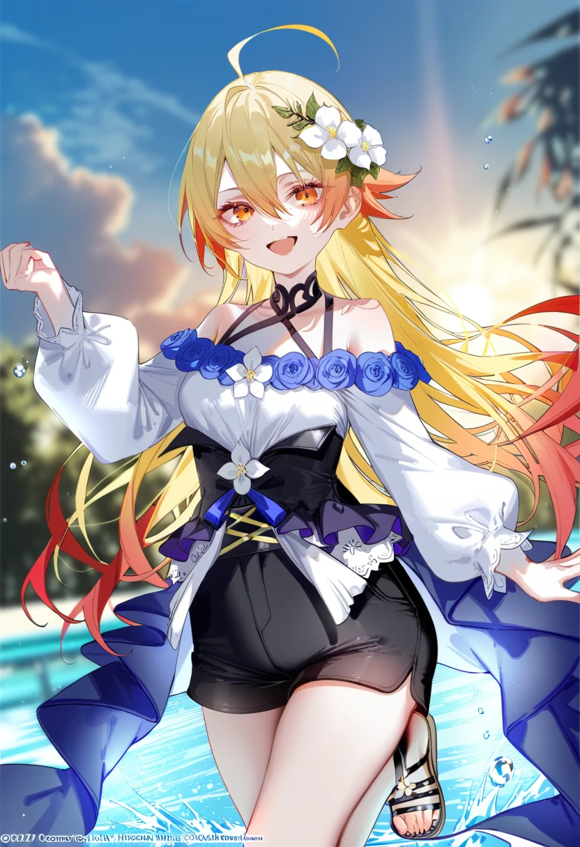 1girl, (by pottsness:1.1), by ciloranko:1.1, (by omone_hokoma_agm:1.1), ((absurdres, official art, masterpiece)), best aesthetic, best quality, ultra detailed, intricate details, new, newest, glossy hair, moist skin, 18 years old, adult woman, medium breasts, blurry background, depth perception, solo, subject focus:1.1, depth perception, red eyes, solo, outdoors, long hair, shorts, water, ahoge, looking at viewer, long sleeves, sunset, standing, bare shoulders, hair ornament, black shorts, sandals, smile, wading, open mouth, sky, standing on one leg, shirt, flower, sun, hair between eyes, short shorts, blonde hair, very long hair, :d, dress, white flower, outstretched arm, cloud, off shoulder, black footwear