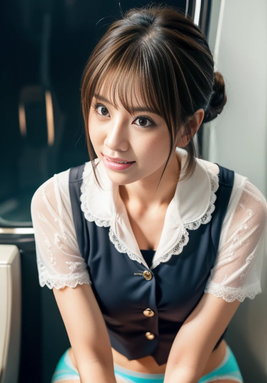 (masterpiece:1.3), (Highest quality:1.3), 8K, 超High resolution, 複雑なdetailedな, 非常にdetailedな, detailedな背景, Depth of written boundary, 超High resolution, RAW Photos, Sharp focus, perspective, (8K, Highest quality, masterpiece: 1.2), (Realistic, Realistic: 1.5), Beautiful Japanese woman, 25 years old, (((Thin thighs))), detailed: (非常にdetailedな: 1.3), (((stewardess costume))), (High resolution: 1.1), (((Airplane Passenger Passenger Passenger))), ((From below:1.45)), ahegao, ((Perfect beauty)), ((See-through lace underwear)), ((Camel Toe)), (((Hairstyle is a chignon))), ((((Leg spread)))), smile, (((Hair is up))),