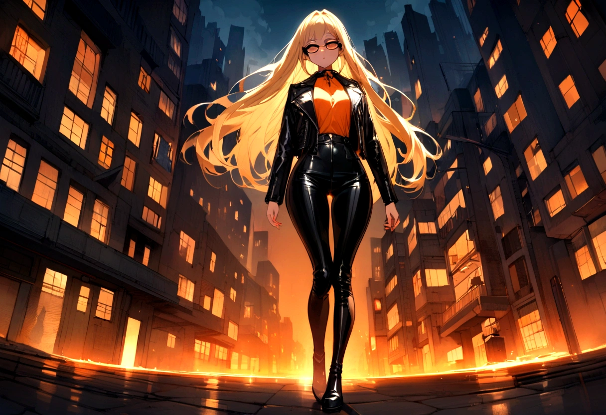 beautiful girl, with long blonde hair, who uses black glasses, with wide hips, narrow waist, medium chest, pretty face, perfect and glowing skin, wearing flared leather pants and a leather jacket, with an orange blouse, full body, what is in a city at night.