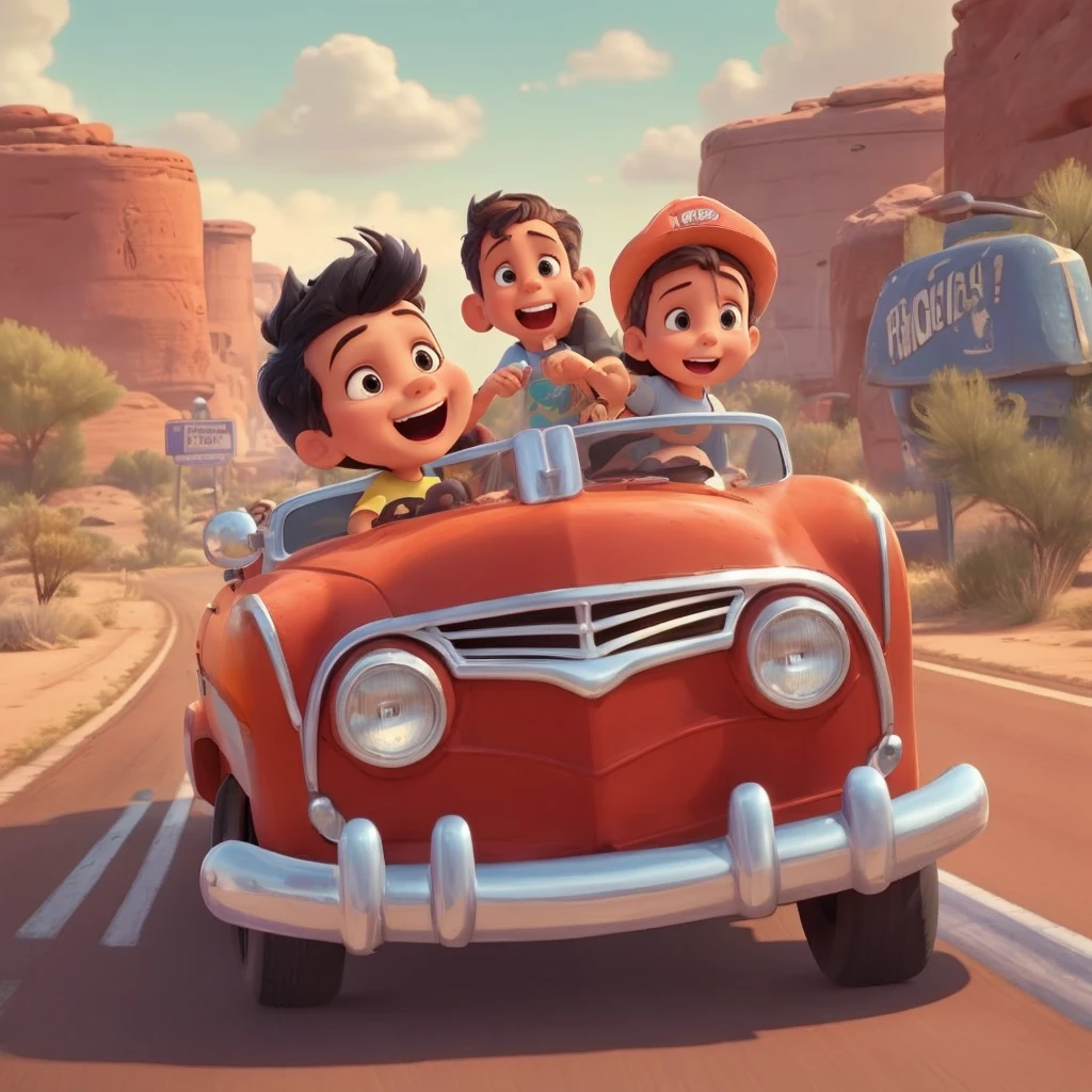 Children run on route 66 with T-shirt purple