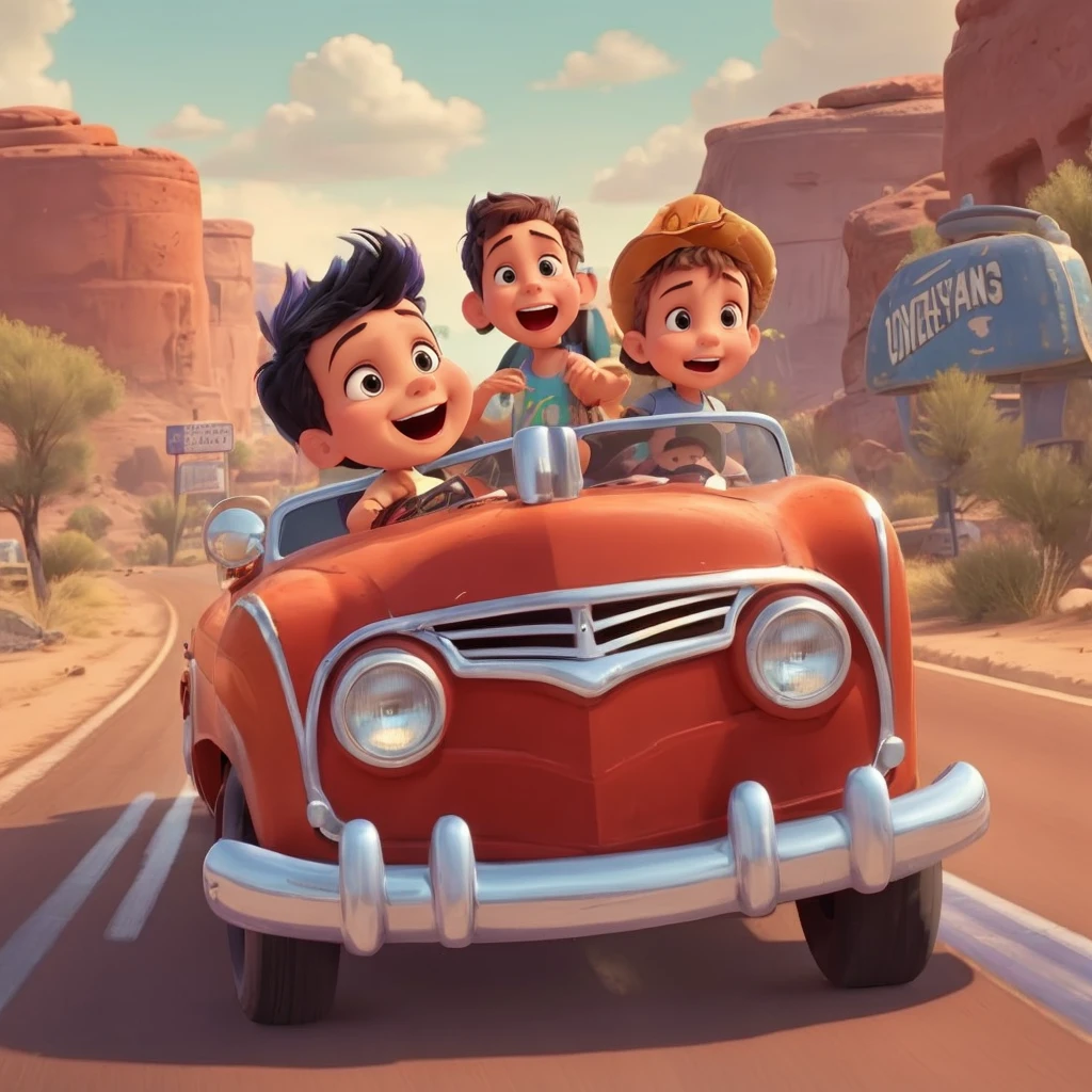 Children run on route 66 with T-shirt purple