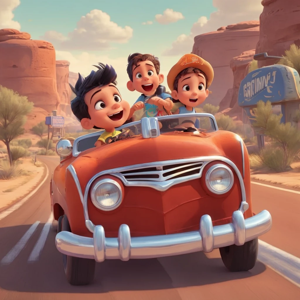 Children run on route 66 with T-shirt purple