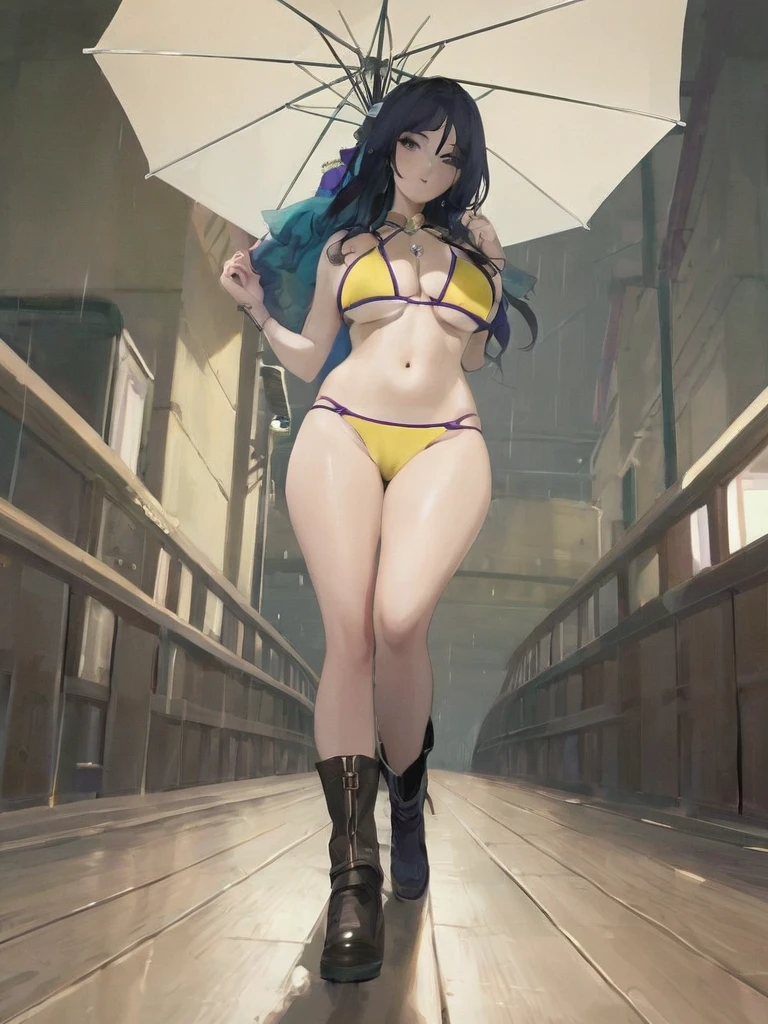 Model, walks with umbrella on the bridge, purple thong,underboob