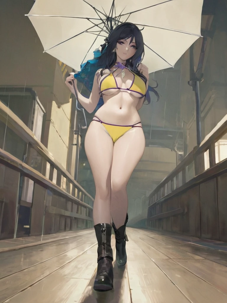 Model, walks with umbrella on the bridge, purple thong,underboob